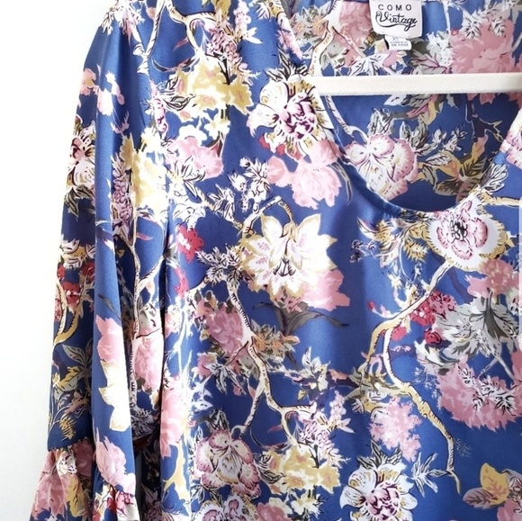 Como Vintage Top XS Floral Bell Sleeve Blue Blouse - Picture 2 of 6